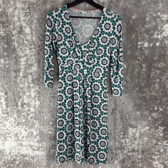 Boden Size 4L Geometric V Neck Fit Flared Mini Dress Green 3/4 Sleeve Pullover - Picture 1 of 10